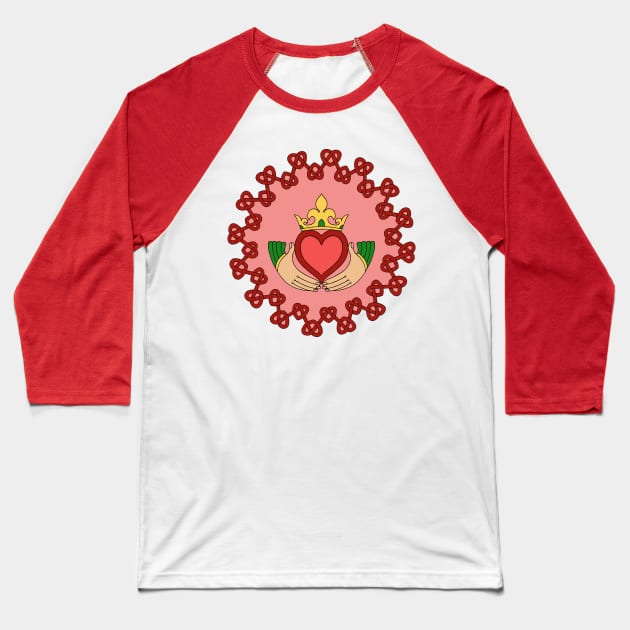 Claddagh and Red Knotwork on Pink Baseball T-Shirt by AzureLionProductions